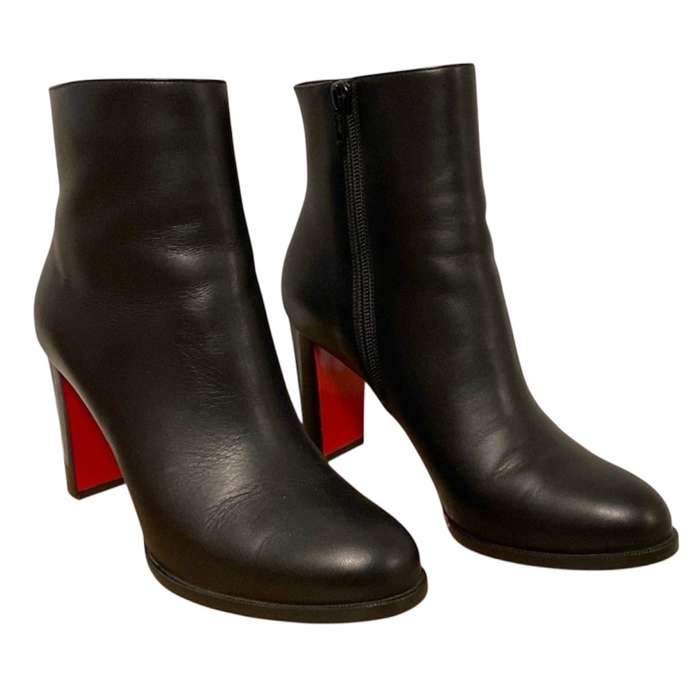 Louboutin Adox 85 Black Leather Ankle Heeled Red Bottom Booties - 38.5